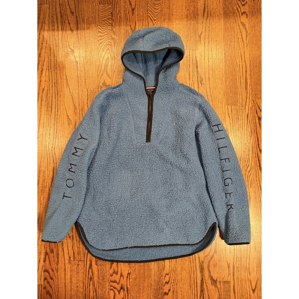 Tommy‎ Hilfiger Fluffy Hooded Sherpa Fleece 1/4 Zip Jacket Pullover Large Blue - Picture 2 of 10